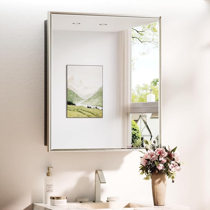 TokeShimi 26x30 Recessed or Surface Mounted Medicine Cabinet Mirror, Aluminum by RefinedBathroomAccessories