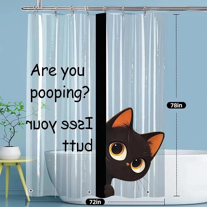 Clear Cute Funny Black Cat Shower Curtain Liner, Are You Pooping Shower Curtain - Image 2