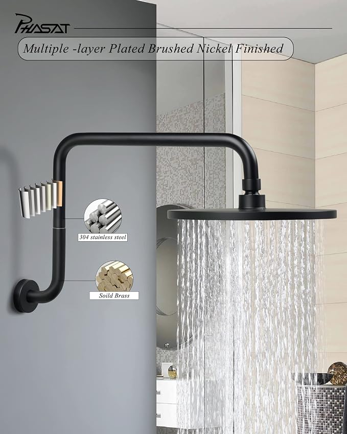 PHASAT Black Shower Head Arm, S Shaped Shower Arm - Image 5
