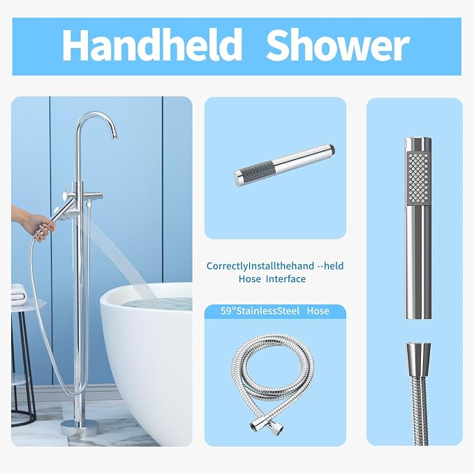 Freestanding Tub Filler Polished Chrome Floor Mount Bathtub Faucet Bathroom - Image 5
