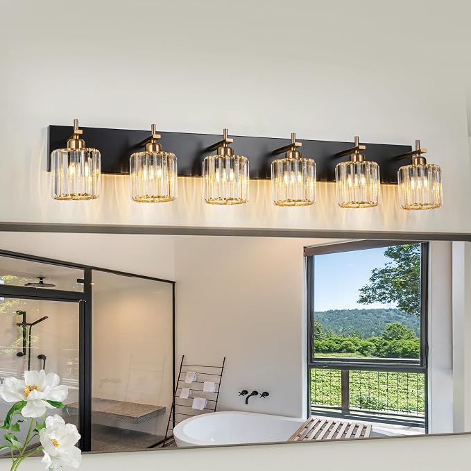 6-Light Crystal Bathroom Vanity Light, Modern Black Gold Bathroom Light by HUOKU