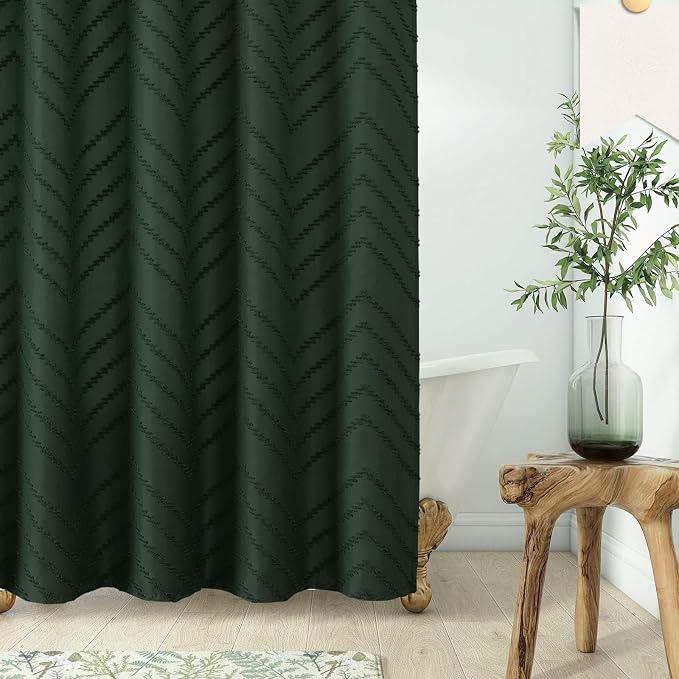 84inch Extra Long Dark Green Boho Shower Curtain Woven Fabric Shower Curtain - Image 7