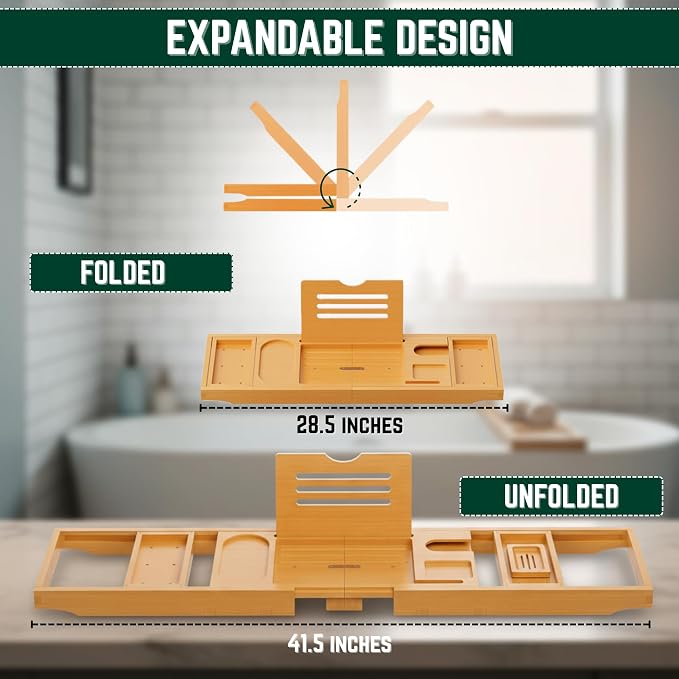 Bamboo Bathtub Caddy Tray Expandable & Foldable Bath Shelf - Image 2
