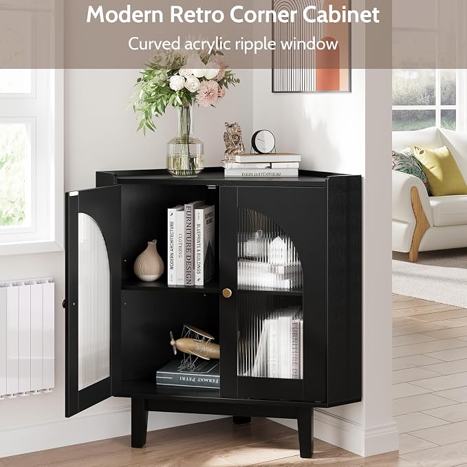 Floor Corner Cabinet with Doors and Shelves, Fluted Storage Cabinet - Image 3