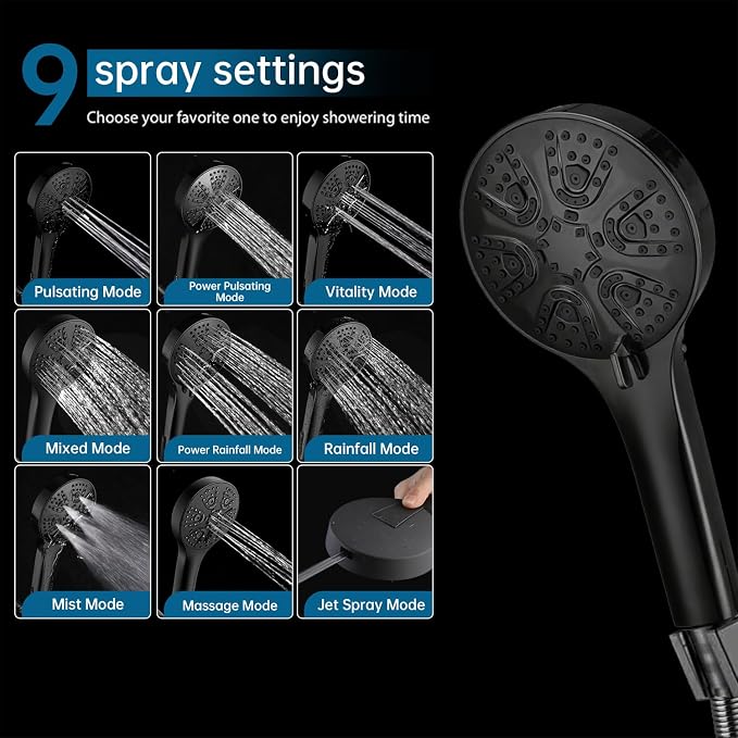 Black Shower Head with Handheld Spray Combo 2 in 1 Rainfall High Pressure with - Image 6