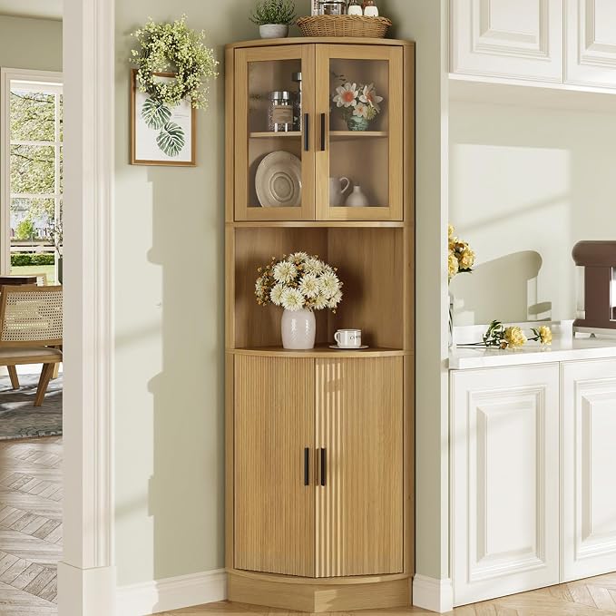 64.9" Tall Corner Cabinet, Modern Fluted Storage Cabinet by FiveWillowise