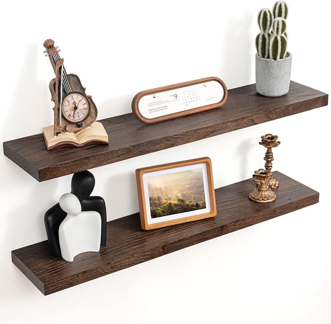 Floating Shelves for Wall Decor, 8 Inch Deep Rustic Solid Elm Wood Floating by FLYJOE