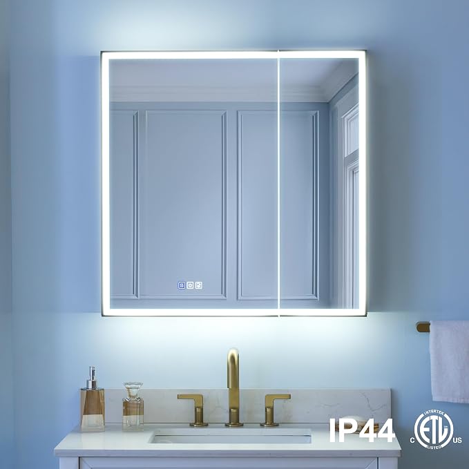 WELLFOR 30" X 30" LED Mirrored Medicine Cabinet, Medicine Cabinets - Image 3