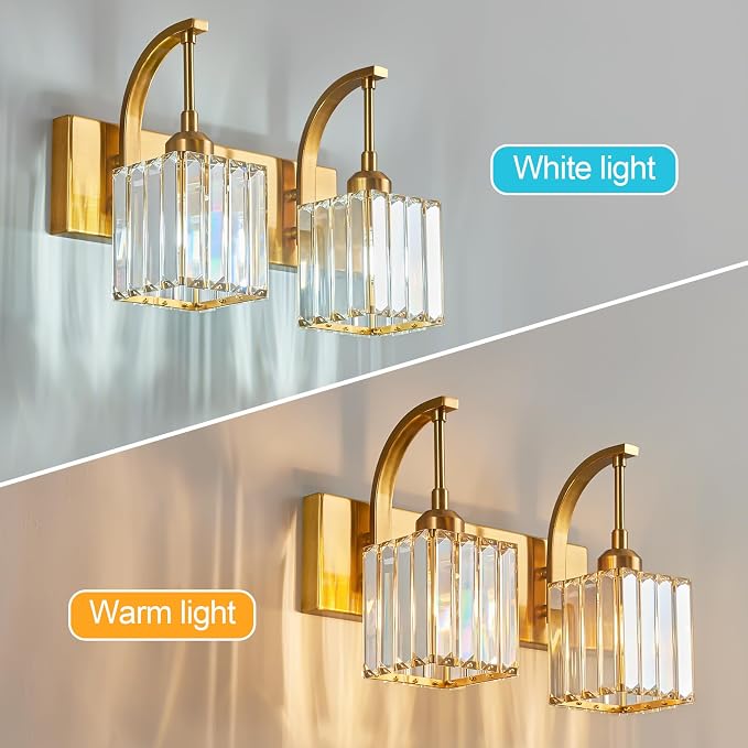 Crystal Vanity Lights 2-Light Gold Wall Lamp Modern Crystal Bathroom Light - Image 2