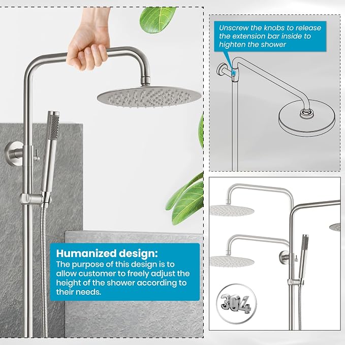 gotonovo Outdoor Shower Fixtures SUS304 Stainless Steel Rain Shower Kit Faucet - Image 7