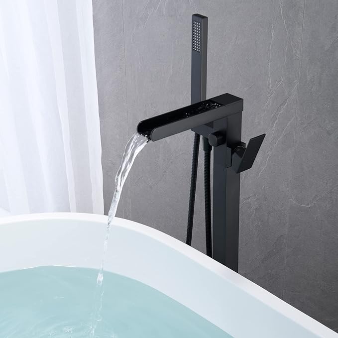 Waterfall Tub Filler Freestanding Bathtub Faucet Black Floor Mount Brass Single - Image 5