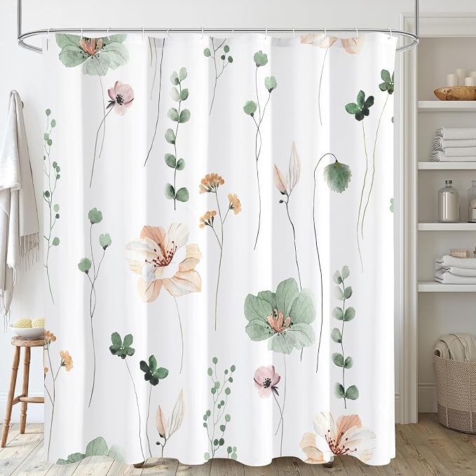 Gibelle Watercolor Floral Shower Curtain, Sage Green Beige Flower Shower Curtain by Gibelle
