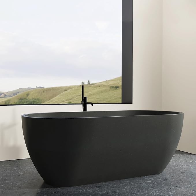 Stone Resin Freestanding Bathtub 63", Terrazzo Bathtub Soaking Tub, Solid - Image 3