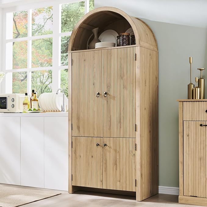 71" Tall Arched Kitchen Pantry, Modern Fluted Wood Storage Cabinet by IFGETEnrichYourLivingSpace