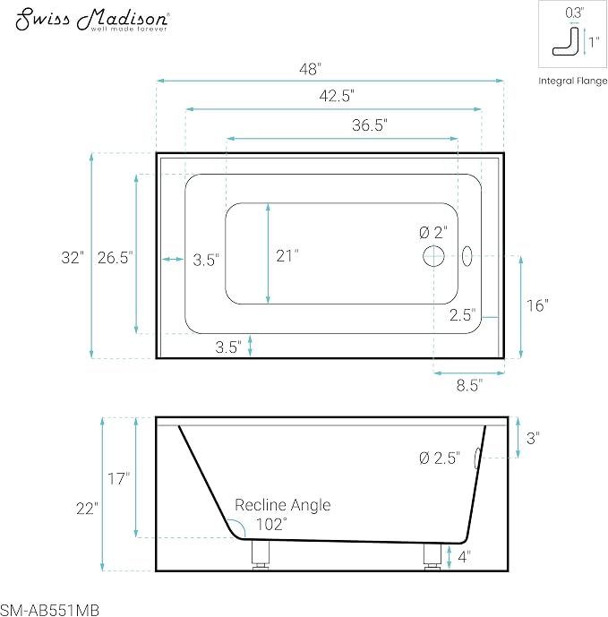 Voltaire 48" X 32" Right-Hand Drain Alcove Bathtub - Image 12