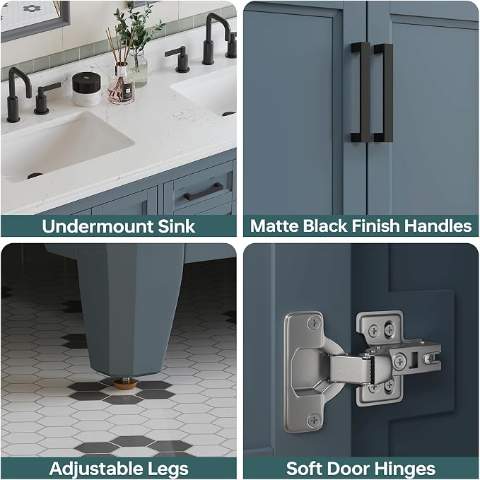 60 Inch Bathroom Vanity Double Sink, Fully Assembled Solid Wood Frame Double - Image 5