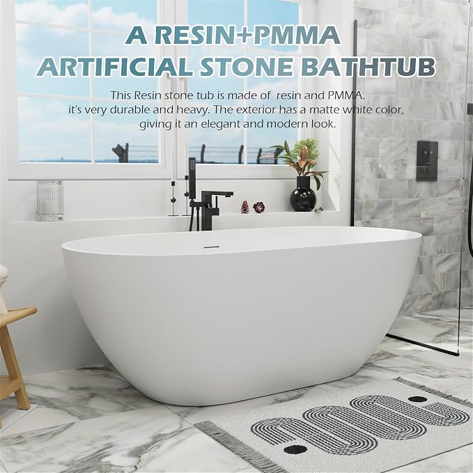 GIVINGTREE 59'' Freestanding Solid Surface Resin Stone Bathtub, Contemporary - Image 2