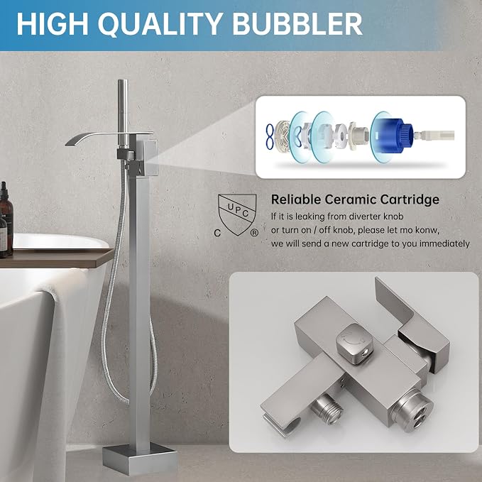 RUMOSE Tub Filler Freestanding Bathtub Faucet Brushed Nickel Floor Mount Tub - Image 4