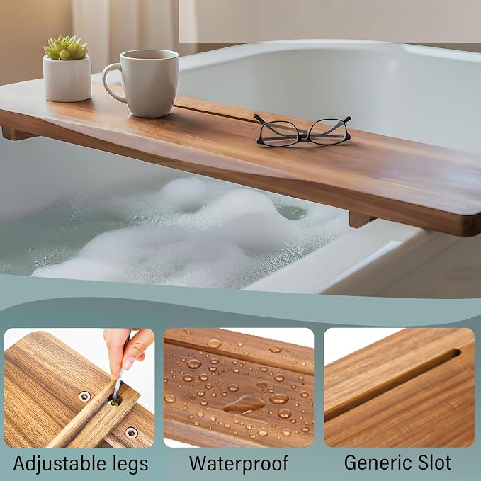 Acacia Wood Bathtub Tray Caddy for Freestanding Tub, 35 Inch Adjustable Bath - Image 7