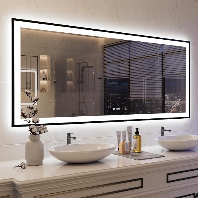 ISKM Framed LED Mirror for Bathroom 72"x32", Dimmable LED Bathroom Mirror by ISKM-IStillKeepMovin
