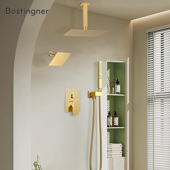 Dual Shower System Brushed Gold, Five Functions Knob Diverter Rainfall Shower - Image 2
