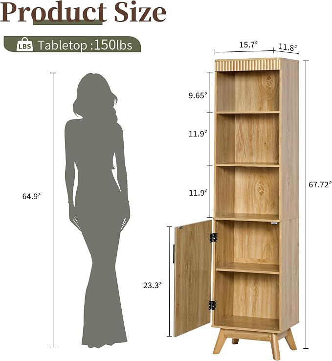 68" Tall Bathroom Storage Cabinet, Narrow Fluted Tower Cabinet - Image 3