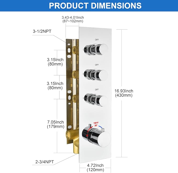 3-Way Chrome Shower Diverter Valve | Thermostatic Brass 3-Function Mixer | - Image 2