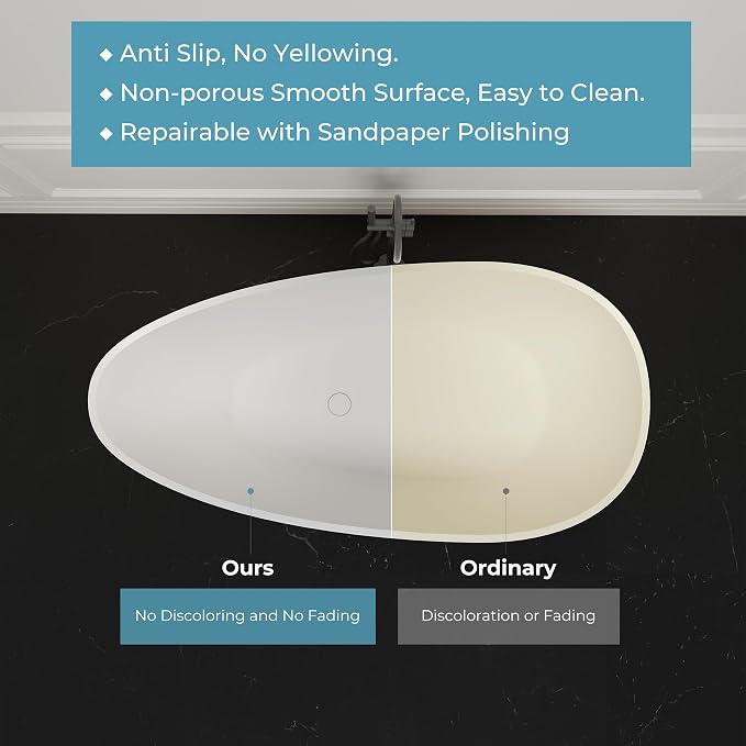 Premium 59" Solid Surface Freestanding Bathtub, Upgraded Oval Stone Resin Egg - Image 8