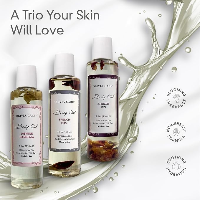 Olivia Care 3 Pack Body Oils: Apricot Fig, French Rose, Jasmine Gardenia - Image 5