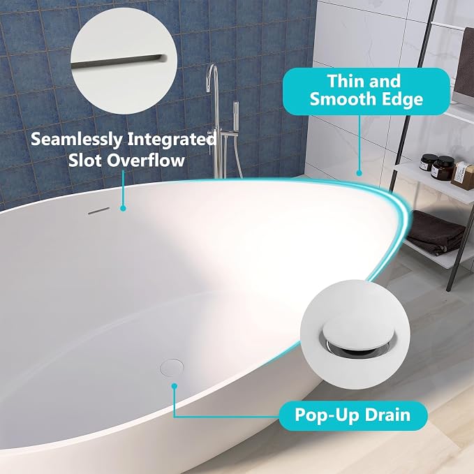 63'' Solid Surface Freestanding Bathtub Matte Soaking Bathtubs Tubs Oval Resin - Image 4