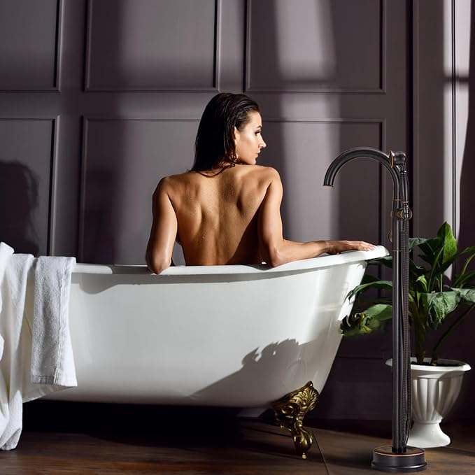 Freestanding Tub Faucets Bathroom Floor Mounted Waterfall Tub Filler Brass High - Image 9