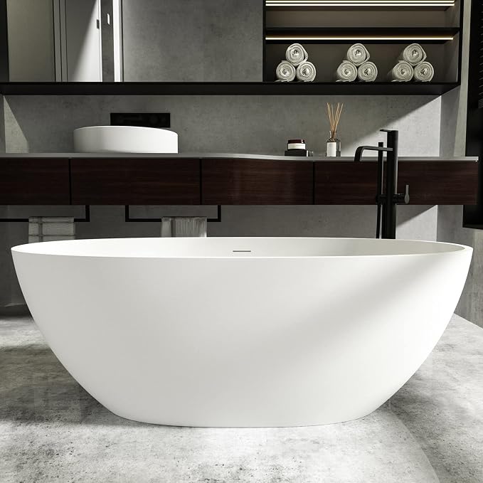Cpingao 59" Freestanding Bathtub, Oval Shaped Stone Resin Freestanding Tubs by Cpingao
