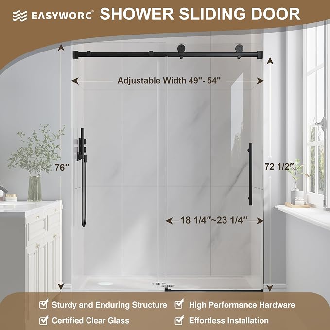 Frameless Glass Shower Door, 49-54" W x 76" H Sliding Frameless Shower Door - Image 5