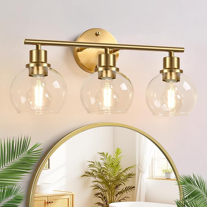 3-Light Bathroom Light Fixtures, Brushed Gold Modern Vanity Lights Over Mirror by Indoibrightenyourbathroom