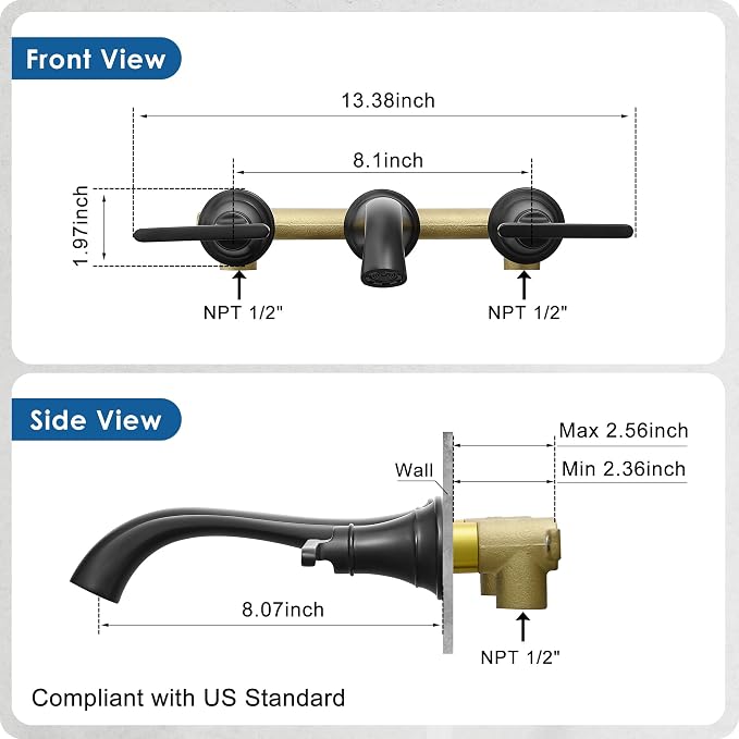 Brass Tub Filler Wall Mount 3 Hole, Farmhouse Black Tub Faucet, High Pressure 2 - Image 6