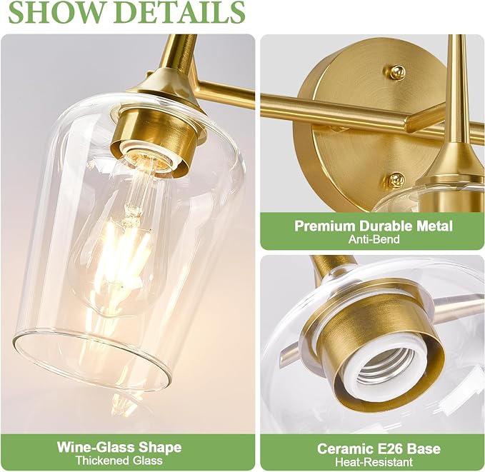 3-Light Bathroom Light Fixtures, 19.5 Inch Brushed Gold Vanity Lights - Image 3