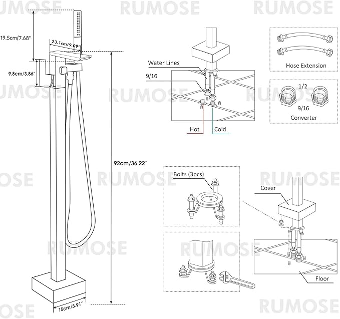 RUMOSE Matte Black Bathtub Filler Freestanding Tub Filler Floor Mount Tub - Image 7