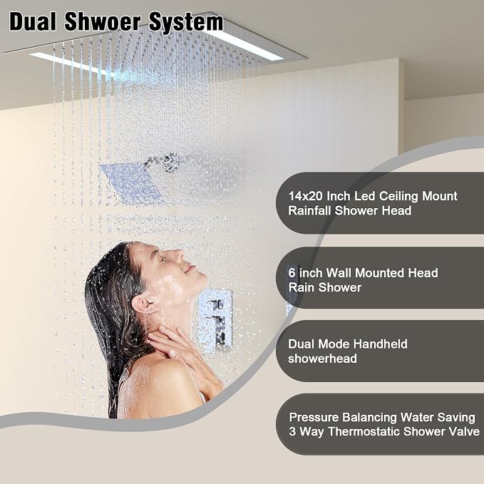 Rain Shower Head System with 14x20 Inch Ceiling Mount LED Head & 6 Inch Wall - Image 5