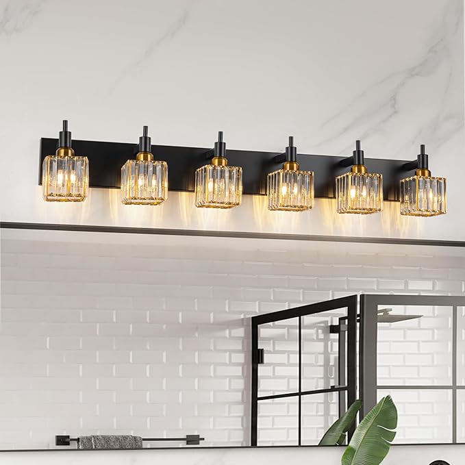 6-Lights Crystal Bathroom Vanity Light Black Gold Modern Bathroom Lighting by HUOKU