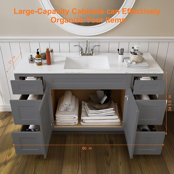 ROOMTEC 60'' Shaker Gray Bathroom Vanity Cabinet - Image 3