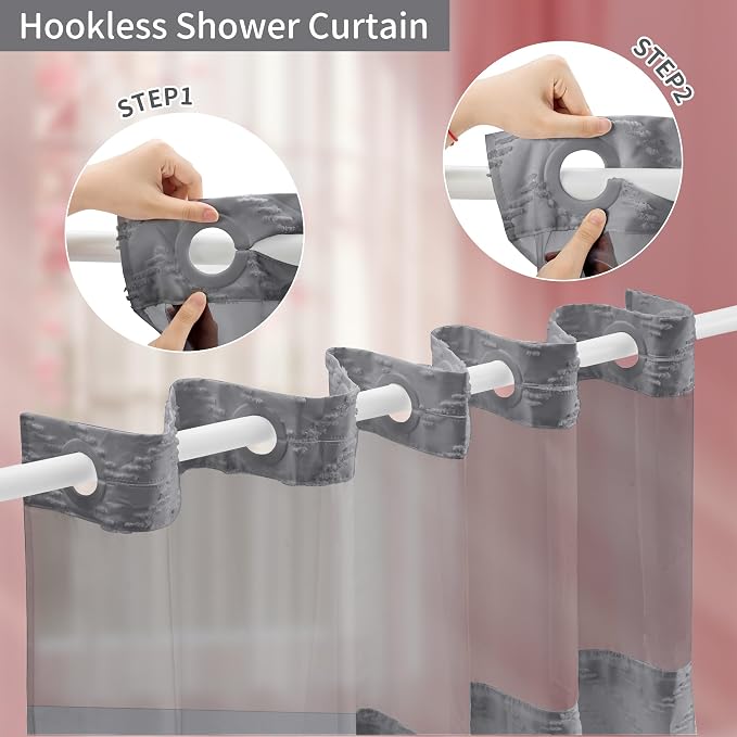 Hookless Shower Curtain with Snap in Liner 71" x 86" Double-Layer Waterproof - Image 2