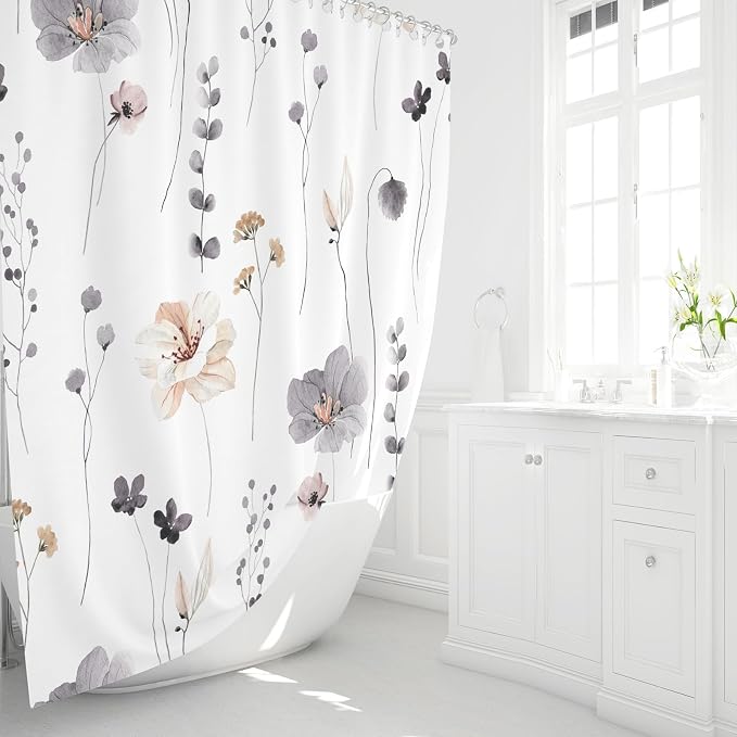 Gibelle Watercolor Floral Shower Curtain 72x72 Inch, Charcoal Grey Beige Flower - Image 3