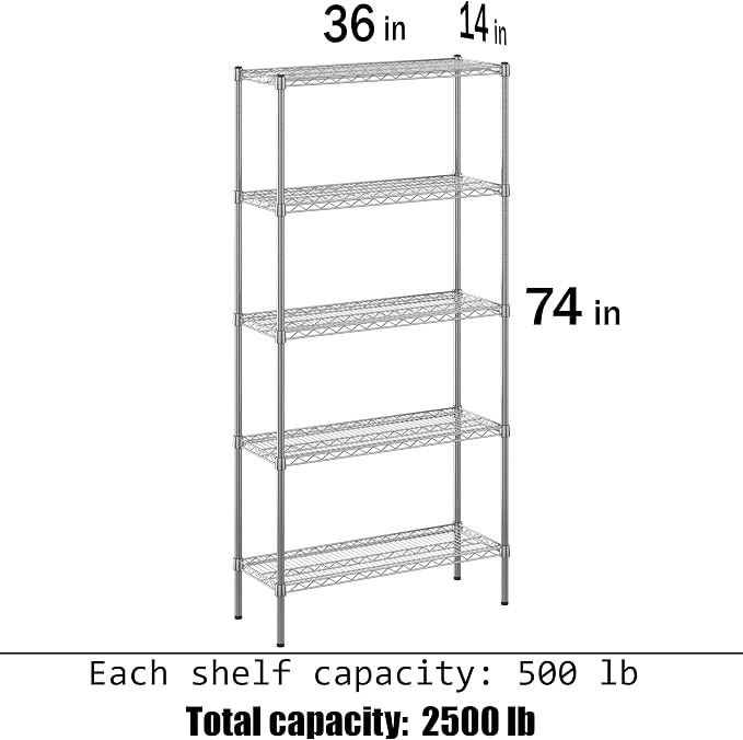 14" Deep x 36" Wide x 74" Height Wire Shelving Kit | 5-Tier | NSF Commercial - Image 3