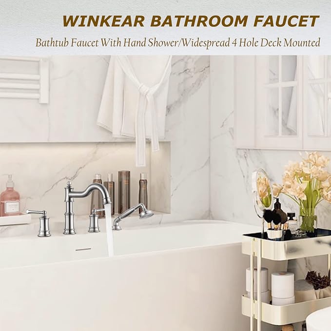 Roman Bathtub Faucet Set With Hand Shower 4 Hole Deck Mount Tub Filler With - Image 2