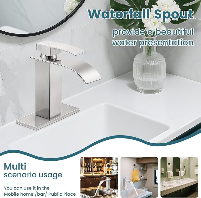 Bathroom Faucets Brushed Nickel Waterfall Bathroom Sink Faucet Modern Single - Image 6
