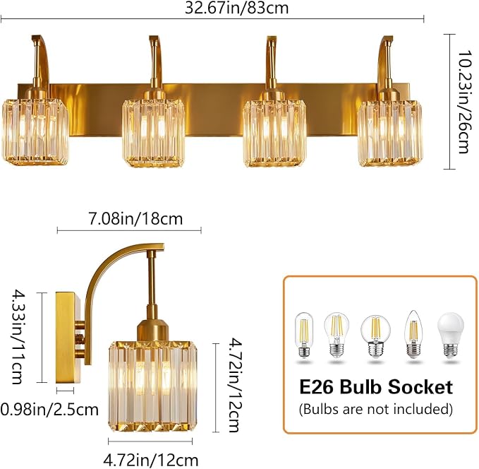 Crystal Vanity Lights 4-Light Gold Bathroom Vanity Lights Modern Crystal - Image 4