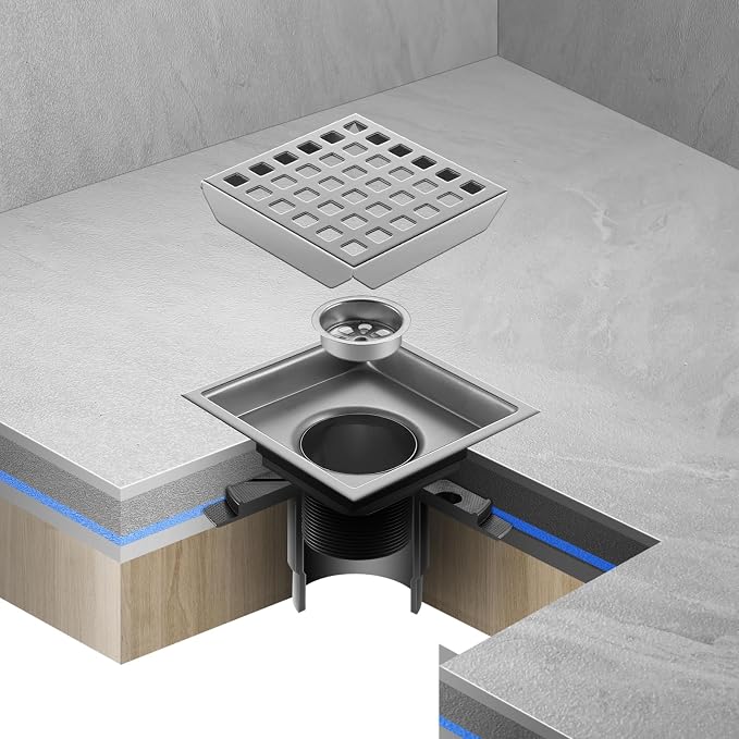 Shower Drain, Chrome 4 inch Square Shower Floor Drain - Image 5
