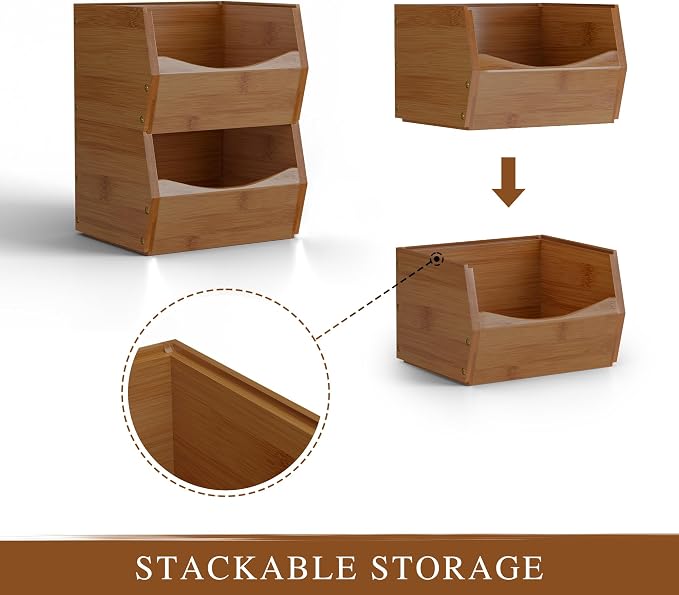 2 Set Open Front Small Stackable Storage Bins, Bamboo Stacking Storage Bins - Image 5