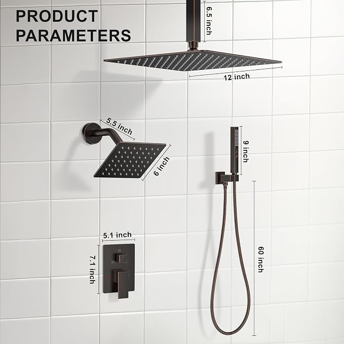 Shower Faucet Set, Ceiling Mount Shower System 12"+6" Dual Shower Head Set - Image 7
