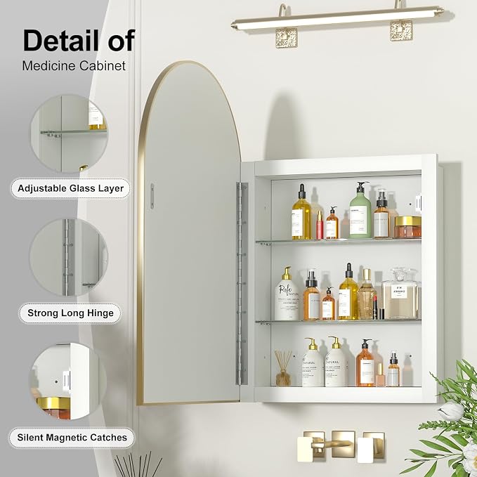 Recessed Medicine Cabinet with Mirror, Brushed Gold Arched Medicine Cabinets - Image 4